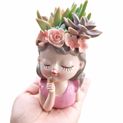 Fairy Princess Girl Succulent Pot – Thinking - Pink (11cm H)