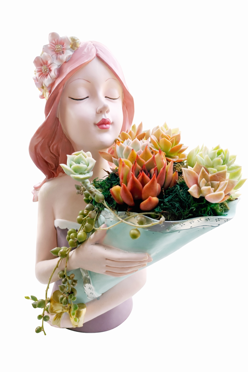 Elegant Lady with Bouquet Planter - Pink