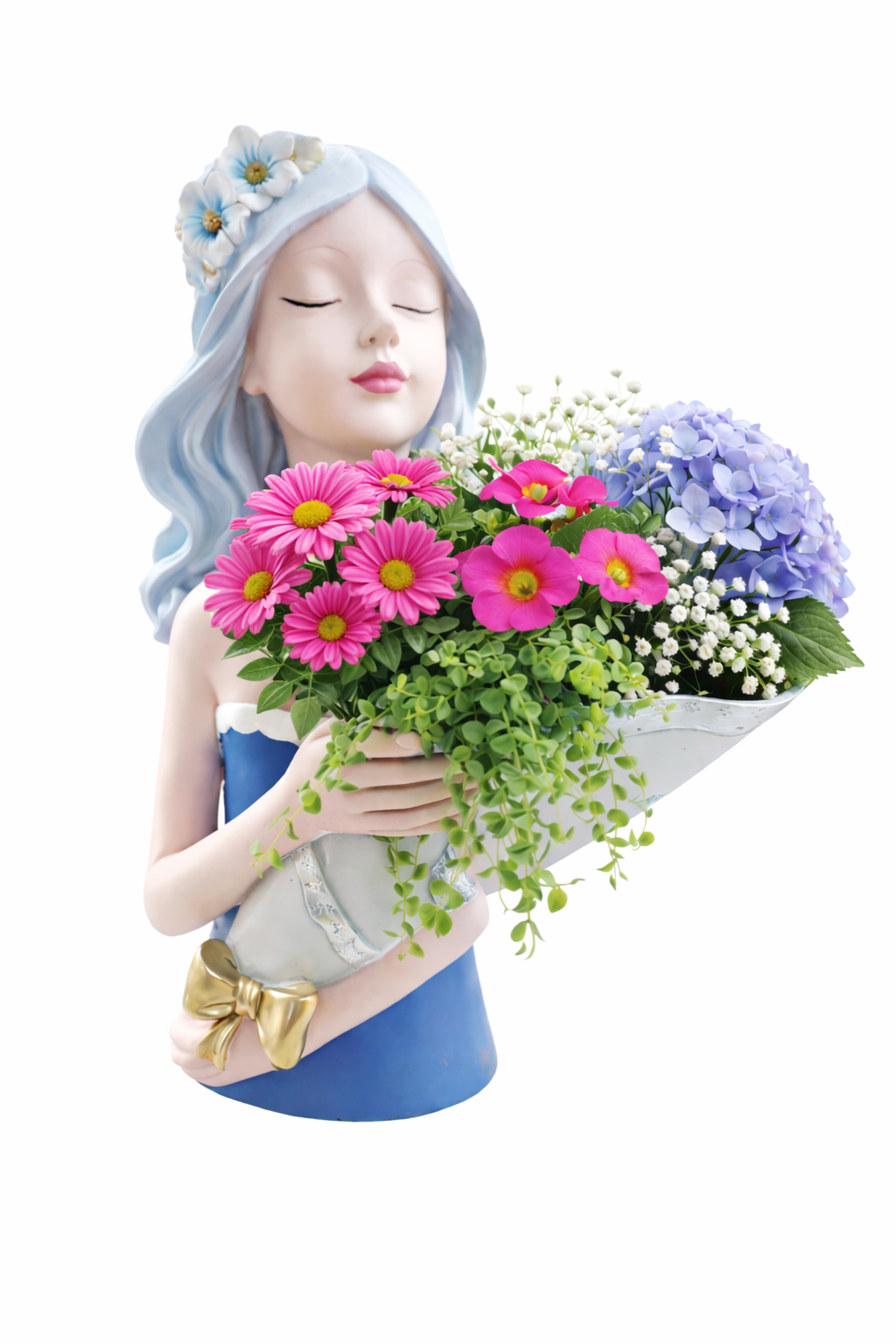 Elegant Lady with Bouquet Planter - Blue