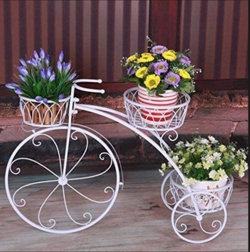 🌿 Decorative Metal Bicycle Plant Stand – Garden & Patio Décor - White color