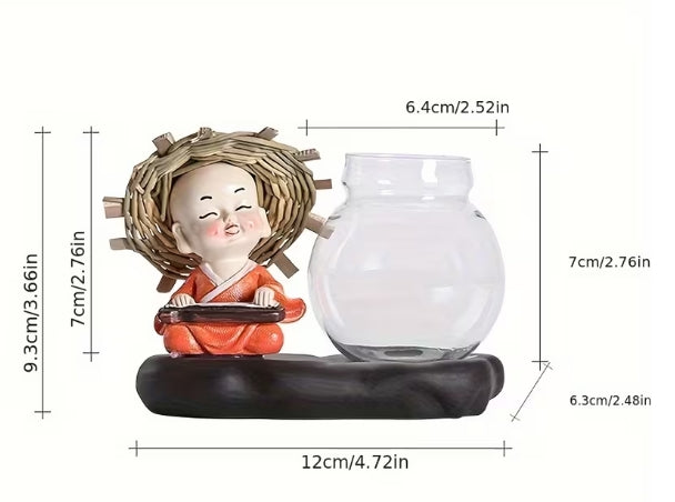🌿 Decorative Glass Hydroponic Vase with Little Monk Figurine