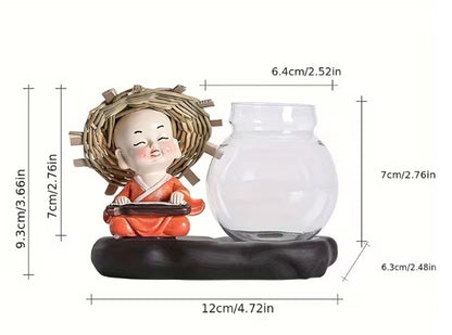 🌿 Decorative Glass Hydroponic Vase with Little Monk Figurine