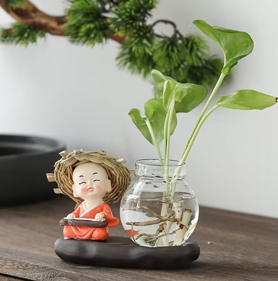 🌿 Decorative Glass Hydroponic Vase with Little Monk Figurine