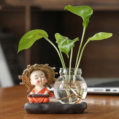 🌿 Decorative Glass Hydroponic Vase with Little Monk Figurine