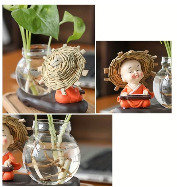 🌿 Decorative Glass Hydroponic Vase with Little Monk Figurine