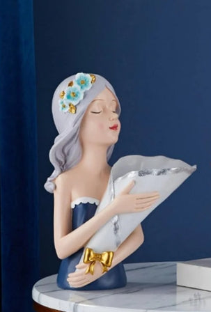 Elegant Lady with Bouquet Planter - Blue